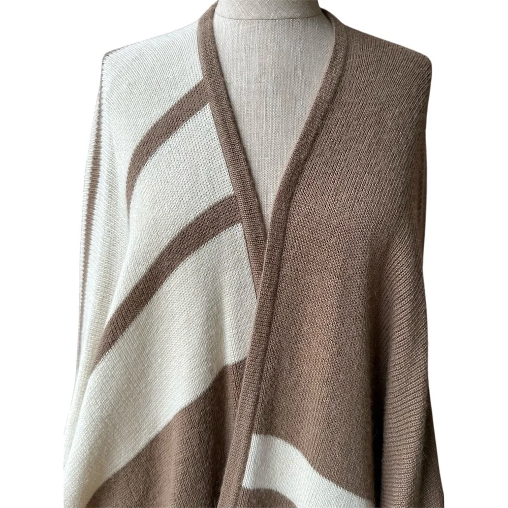 Brochu Walker City Alpaca Wool Brown Cream Striped Sweater Poncho One Size - Picture 4 of 8